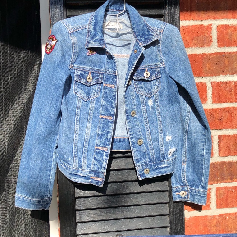 Abercrombie Kids Jean Jacket Distressed with Patches S/10